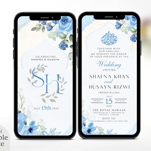 Modelo digital de convite de casamento muçulmano, convite floral azul eletrônico Nikkah, elegante recepção editável Evite cartão Walima imprimível
