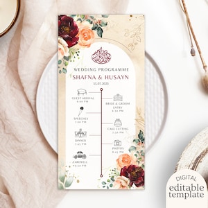 Plantilla editable para programa de boda musulmana DESCARGA DIGITAL, programa de ceremonia Nikah personalizado con flores color burdeos y beige para imprimir, cronograma de Walima