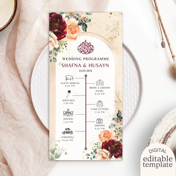 Editable Muslim Wedding Program Template DIGITAL DOWNLOAD, Printable Burgundy Beige Floral Custom Nikah Ceremony Schedule, Walima Timeline