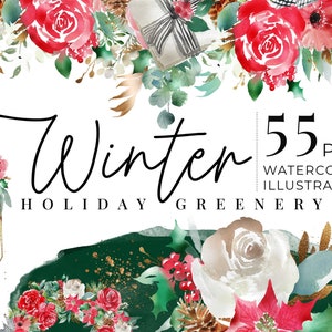 Holiday Watercolor Winter Floral Clipart Commercial PNG, Aquarelle Christmas botanical graphics, Rose Holly Poinsettia Bouquet Frame Wreath