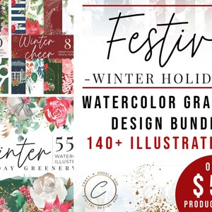 Watercolor Winter Digital Paper Pack & Holiday Clipart Commercial use Bundle, Aquarelle Floral Christmas PNG Xmas Pattern Scrapbook Planner