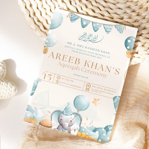 Editable Baby Boy Aqeeqah Invitation Template Digital Download, Custom Islamic Birth Announcement Invite Printable Cute Neutral Aqiqah Evite