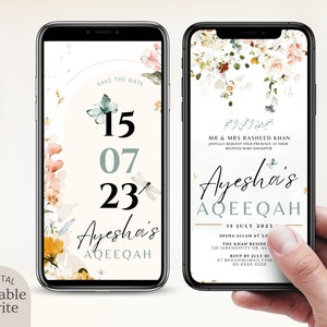 Editable Aqeeqah Invitation Baby Girl Digital Download Evite, Custom Floral Aqiqah Ceremony Invite Template, Muslim Birth Announcement Card