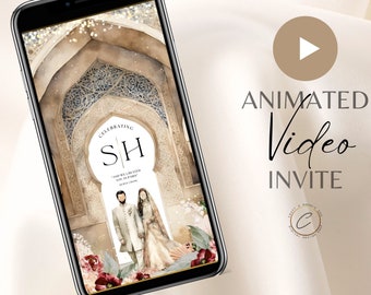 Faire-part de mariage musulman vidéo numérique couple illustration or traditionnel floral, téléphone personnalisé animé islamique Nikkah Walima inviter MP4