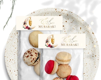 Eid Mubarak Favor Bag Toppers Modèle de téléchargement numérique imprimable, Eid Party Candy Treat Bag Label, DIY Snack Tags, Islamic Lantern Floral