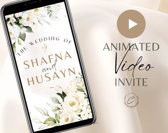 Faire-part de mariage musulman Vidéo numérique, Nikah animé personnalisé Inviter SMS électronique, Evite personnalisée pour smartphone Walima, Or blanc crème