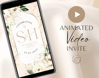 Vidéo numérique d'invitation de mariage musulman, SMS électronique d'invitation de Nikah animé personnalisé, Evite personnalisée de smartphone de Walima, or beige crème