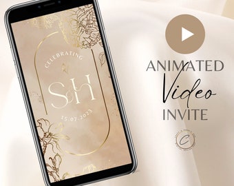 Muslim Wedding Invitation Digital Video, Custom Animated Nikah Invite Electronic SMS Beige Gold Floral, Personalized Walima Smartphone Evite