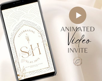Muslim Wedding Invitation Digital Video, Custom Animated Nikah Invite Electronic SMS ,Personalized Walima Smartphone Evite, White Beige Gold