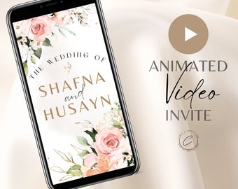 Vidéo numérique d'invitation de mariage musulman, invitation électronique Nikah animée personnalisée, smartphone Walima personnalisé Evite Blush Pink Cream Gold