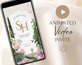 Invitation de mariage musulman vidéo numérique jardin moghol floral, invitation Nikah animée personnalisée SMS électronique, smartphone islamique Walima Evite