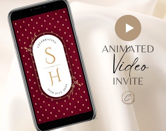 Faire-part de mariage musulman vidéo numérique, élégante invitation animée personnalisée Nikah rouge bordeaux or, smartphone Walima électronique Evite