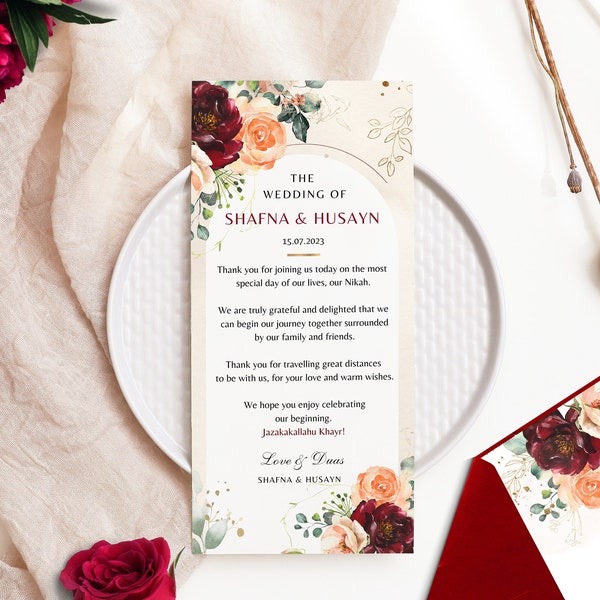 Editable Muslim Wedding Thank You Letter Card Template DIGITAL DOWNLOAD, Printable Elegant Burgundy Gold Floral Custom Table Thank You Note