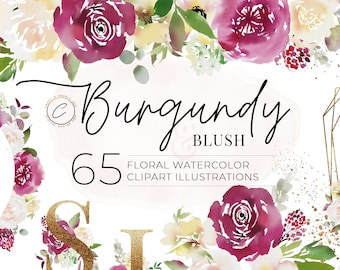 Burgundy Blush Watercolor Clipart, Peach Floral Illustrations, Gold Botanical PNG Bouquets Frames Wreaths, Commercial Use Aquarelle Graphics