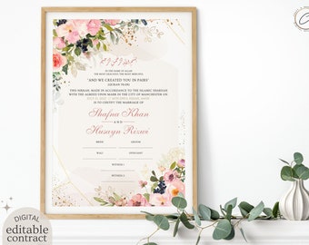 Nikkah Contract Template, Cream Blush Pink Floral Nikahnama Digital Download, Editable Islamic Marriage Certificate, Muslim Wedding Gift