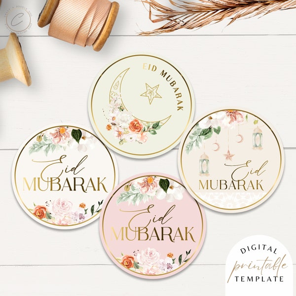 Set of 4 Eid Mubarak Stickers, Eid Gift Favor Tags Printable DIGITAL DOWNLOAD, Ramadan Party Decoration for Kids, Floral Moon Islamic Label