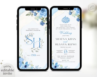Modèle numérique d’invitation de mariage musulman, invitation électronique Nikkah florale bleue, élégante réception modifiable Evite carte Walima imprimable