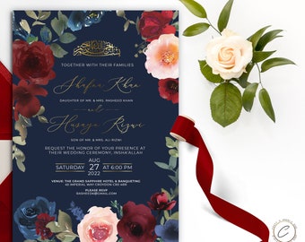 Luxury Muslim Wedding Invitation, Digital Download, Floral Custom Nikkah Card, Personalized Printable Walima invite, Floral Islamic Evite