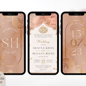 Digital Muslim Wedding Invitation Template, Electronic Blush Rose Gold Floral Nikah Invite, Islamic Walima Card Editable Reception Evite