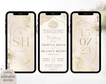 Digital Muslim Wedding Invitation Template, Electronic Ivory Cream Gold Floral Nikah Invite, Editable Islamic Neutral Walima Reception Evite