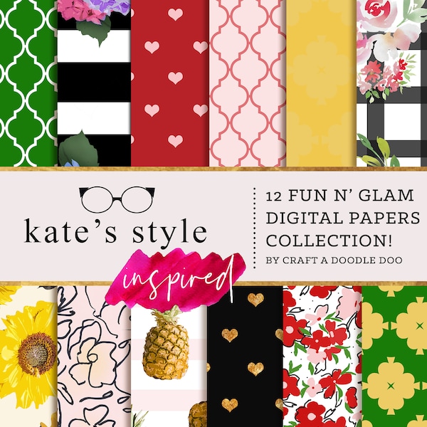 Kate's Style Digital Paper Pack | Spade inspired Scrapbooking patterns | Art, invitation prints | stripes, gold, hearts, floral, quotes