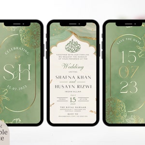 Sjabloon digitale moslim bruiloft uitnodiging, elektronische neutrale salie groen goud bloemen Nikah uitnodigen, islamitische Walima bewerkbare receptie Evite