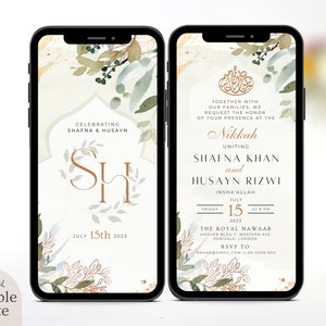 Sjabloon digitale moslimhuwelijksuitnodiging, elektronische groene bloemen Nikkah-uitnodiging, bewerkbare gouden receptie Evite afdrukbare Walima-kaart