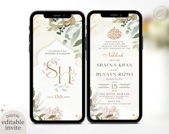 Modèle d'invitation de mariage musulman numérique, invitation électronique florale verte Nikkah, carte Walima imprimable Evite de réception or modifiable