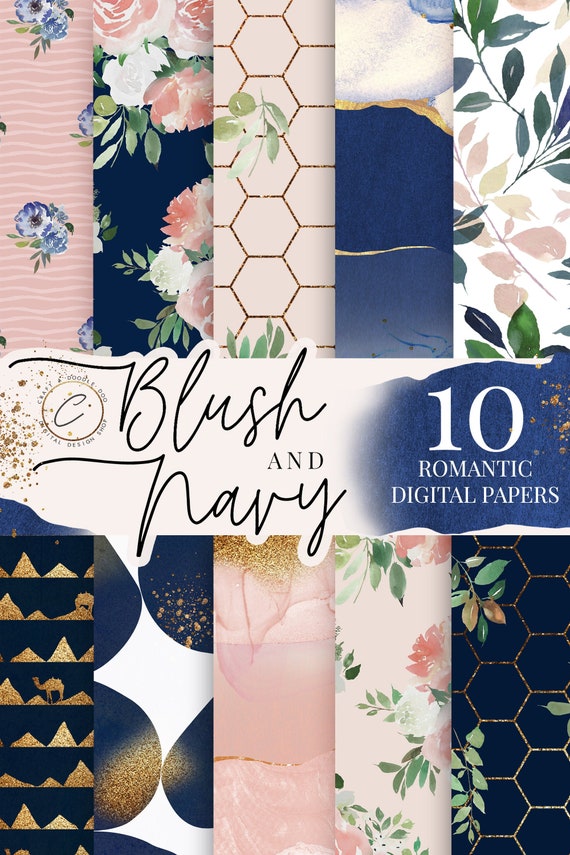 Blush & Navy Digital Paper Pack Chic Scrapbook Prints,patterns