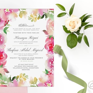 Convite de cartão Nikah editável para download digital para impressão, convite de casamento floral muçulmano cartão indiano personalizado asiático paquistanês casamento Evite