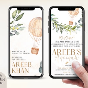 Editable Aqeeqah Invitation for Baby Boy Girl Digital Download, Greenery Neutral Custom Aqiqah Invite, Unisex Muslim Birth Announcement Card