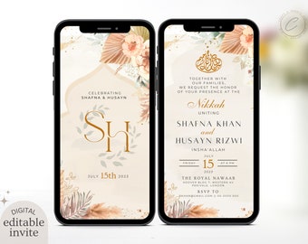 Modèle d'invitation de mariage musulman numérique, invitation électronique florale neutre de Nikkah, carte de Walima imprimable d'Evite de réception d'or modifiable