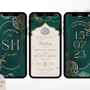 Modèle numérique de faire-part de mariage musulman, électronique de luxe vert émeraude or floral Nikah inviter réception islamique Walima modifiable Evite