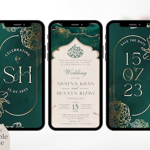 Digital Muslim Wedding Invitation Template, Luxury Electronic Emerald Green Gold Floral Nikah Invite Islamic Walima Editable Reception Evite