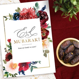 Cartão Eid Mubarak em aquarela para impressão, download digital, elegante floral feliz Eid cumprimentos PDF, lembrancinha de festa de presente Eid, decoração DIY cortada e dobrada