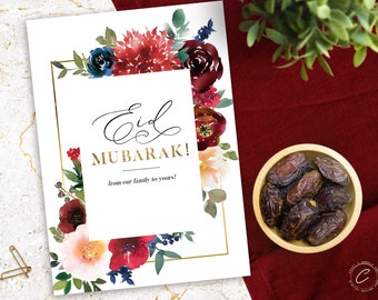 Aquarelle imprimable Carte de l’Aïd Moubarak Téléchargement numérique, Élégant Floral Joyeux Aïd Salutations PDF, Eid Gift Party Favor, DIY Cut & Fold Decor