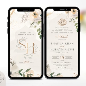 Digital Muslim Wedding Invitation Template, Electronic Neutral Floral Nikkah Invitation, Editable Gold Reception Evite Printable Walima Card