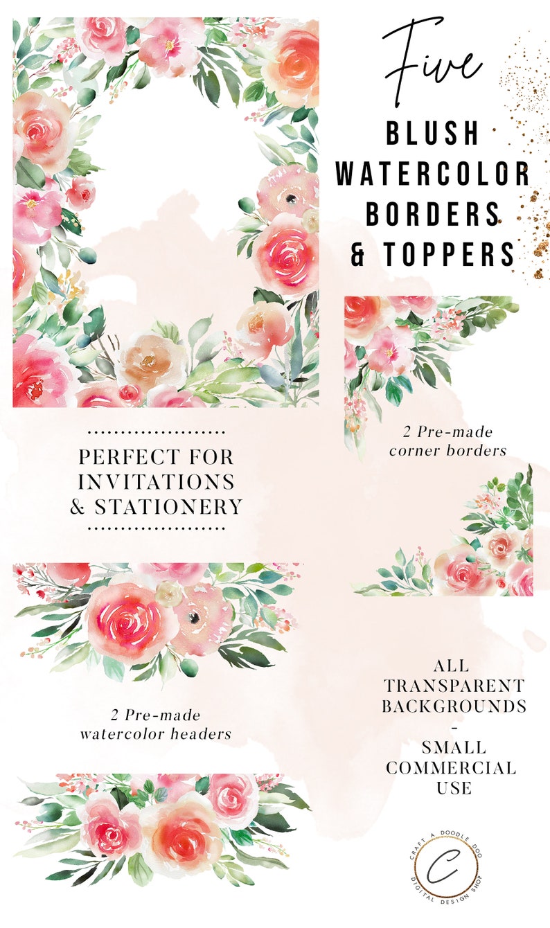 Peach Floral Arrangement PNG Graphics Dusty Pink Rose Bouquet wreath header border frame Blush Watercolor Flower Clipart Set Commercial use