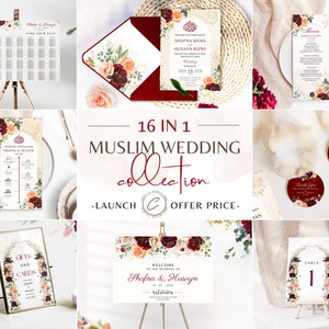 Custom Muslim Wedding Bundle Templates, Editable Burgundy Blush Nikah Walima Collection Digital Download, Invite Welcome Sign Menu Favor Tag