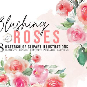 Blush Watercolor Flower Clipart Set Commercial use, Peach Floral Arrangement PNG Graphics Dusty Pink Rose Bouquet wreath header border frame