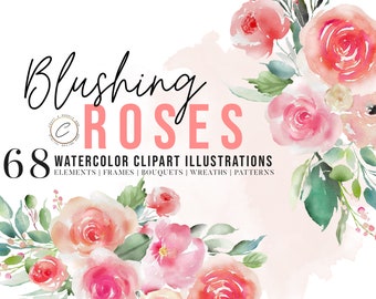 Blush Watercolor Flower Clipart Set Commercial use, Peach Floral Arrangement PNG Graphics Dusty Pink Rose Bouquet wreath header border frame