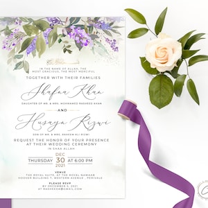 Lavender Muslim Wedding Invitation, Digital Download Custom Nikkah Card, Personalized Walima invite, Floral Engagement Islamic Evite, Indian