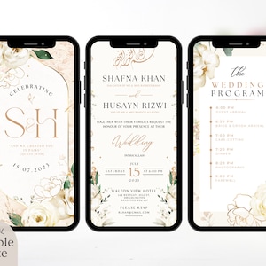 Digital Muslim Wedding Invitation Template, Electronic Neutral Beige Cream Gold Floral Nikah Invite, Islamic Editable Reception Walima Evite