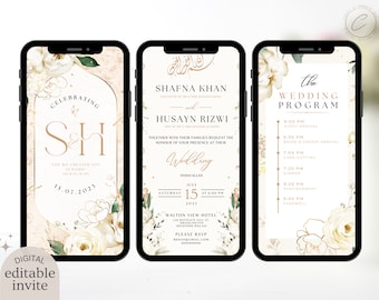 Digital Muslim Wedding Invitation Template, Electronic Neutral Beige Cream Gold Floral Nikah Invite, Islamic Editable Reception Walima Evite