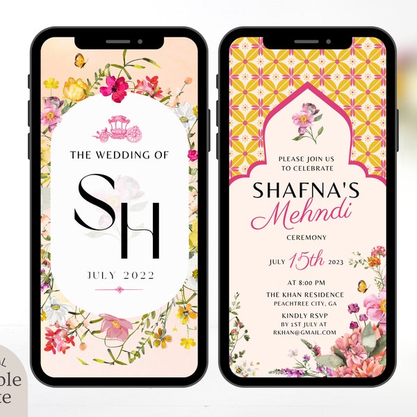 Digital Mehndi Wedding Invitation Template, Electronic Colorful Floral Muslim Wedding Henna Invite, Smartphone Editable Haldi Evite