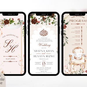 Modèle numérique de faire-part de mariage musulman, invitation électronique florale Nikkah neutre bordeaux, Evite de réception modifiable, carte islamique Walima