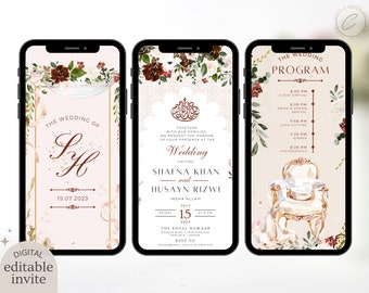 Modèle d'invitation de mariage musulman numérique, invitation de Nikkah floral neutre bordeaux électronique, Evite de réception modifiable, carte Walima islamique
