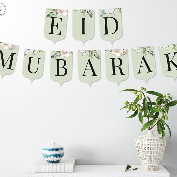 Bannière Eid Mubarak, téléchargement numérique imprimable instantané PDF, Happy Eid Bunting décoration bricolage, décor Ramadan musulman, thème Floral Eid Party