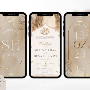 Sjabloon digitale moslim huwelijksuitnodiging, elektronische neutrale crème gouden bloemen Nikah uitnodiging, islamitische Walima kaart bewerkbare receptie-evite