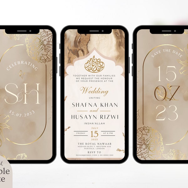 Digitale muslimische Hochzeitseinladungsvorlage, elektronische Nikah-Einladung mit neutralem Creme-Gold-Blumenmuster, islamische Walima-Karte, editierbare Empfangs-Evite